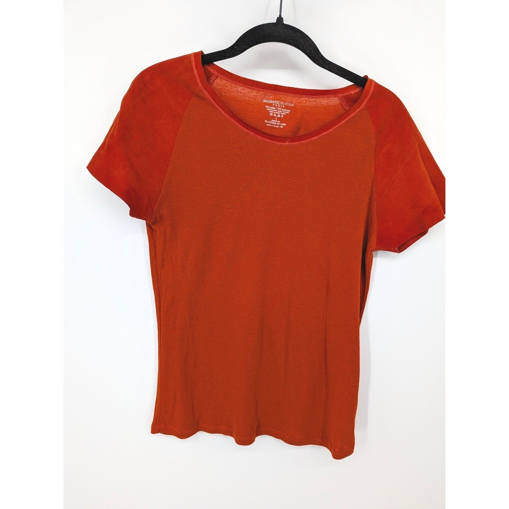 Majestic Filatures Leather Sleeve Pashmina Shirt Women Medium Burnt Orange Paris